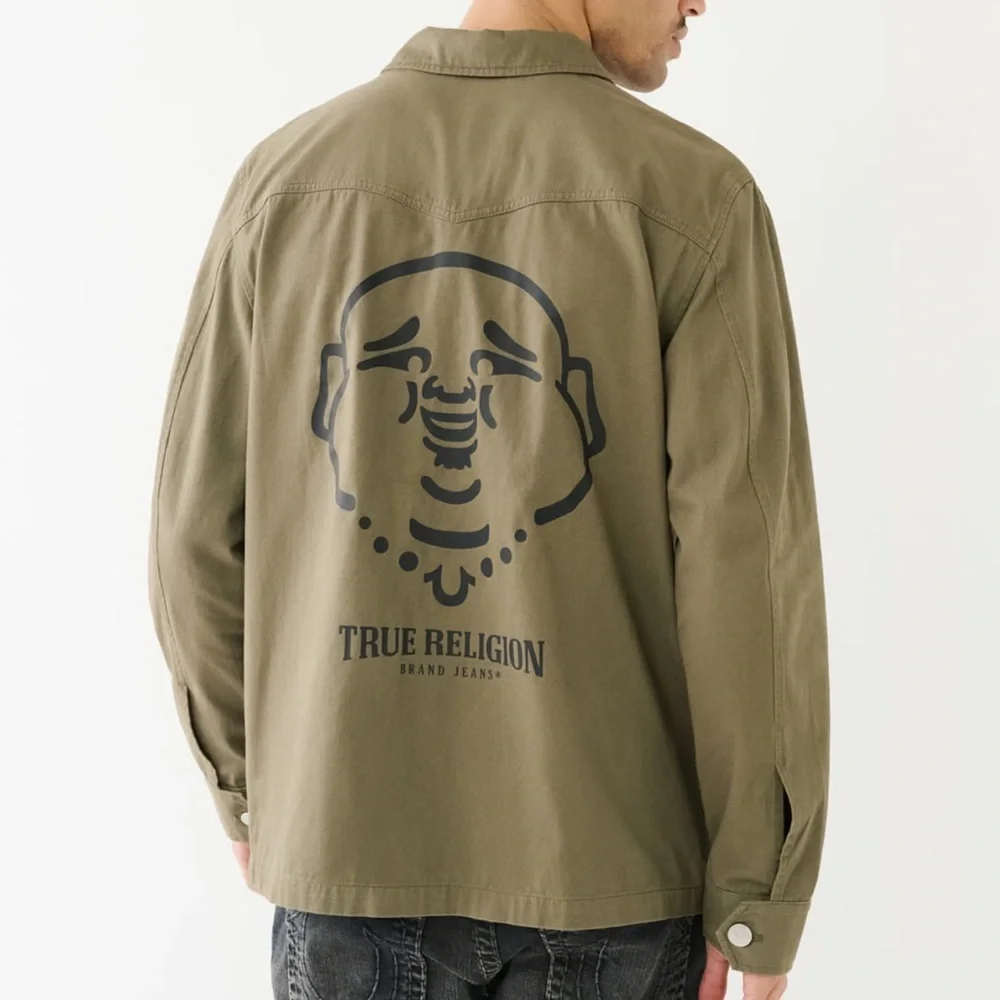 True Religion Men S Olive Green Casual Button Front Buddha Logo Military Jacket